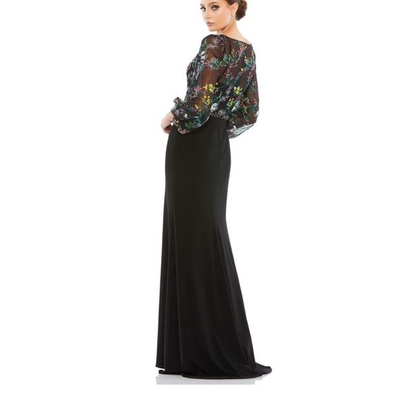 Mac Duggal Embroidered Illusion Puff Sleeve Column Gown Floral Black, SIZE 10 - Picture 4 of 12